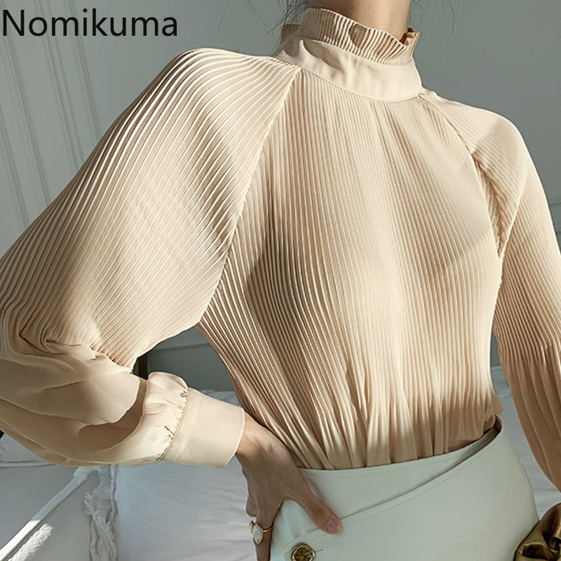 Nomikuma Korean Pleated Perspective Blouse Shirts Casual Ruffle Stand Neck Blusas Elegant Lantern Long Sleeve Pullover Top 6D763 210427