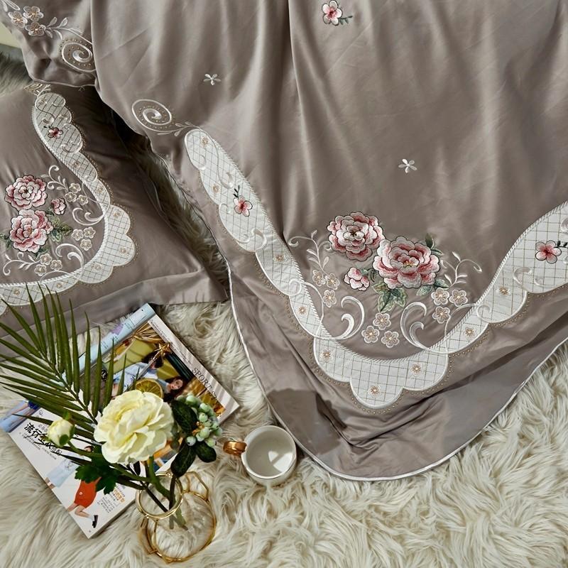 Premium Egyptian Cotton Floral Embroidery Bedding Set Yellow Grey Vintage Duvet Cover Bed Sheet Pillowcases Queen King Size 4Pcs Sets