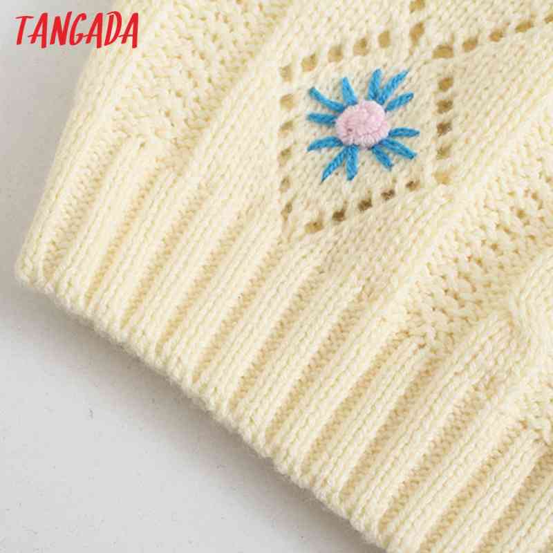 Women Floral Embroidery Tank Top Sleeveless Backless Female Hollow Out Knit Tops 3N18 210416