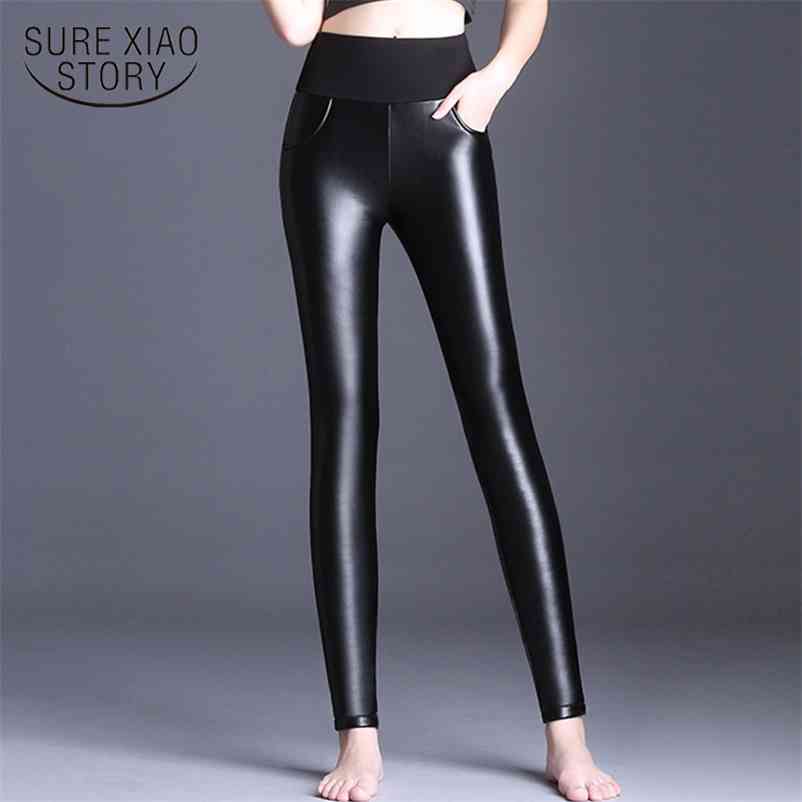 Autumn Winter High Waist PU Velvet Warm Stretch Skinny Leather Pants Pencil Leggings Women Trousers 12237 210415
