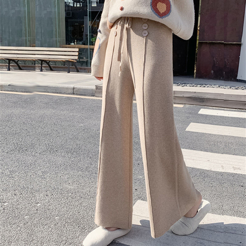 Nomikuma Knitted Buttons Wide Leg Pants Lace Up High Waist Women Trousers Autumn Winter Causal Solid Sweater Pants 6D307 210427
