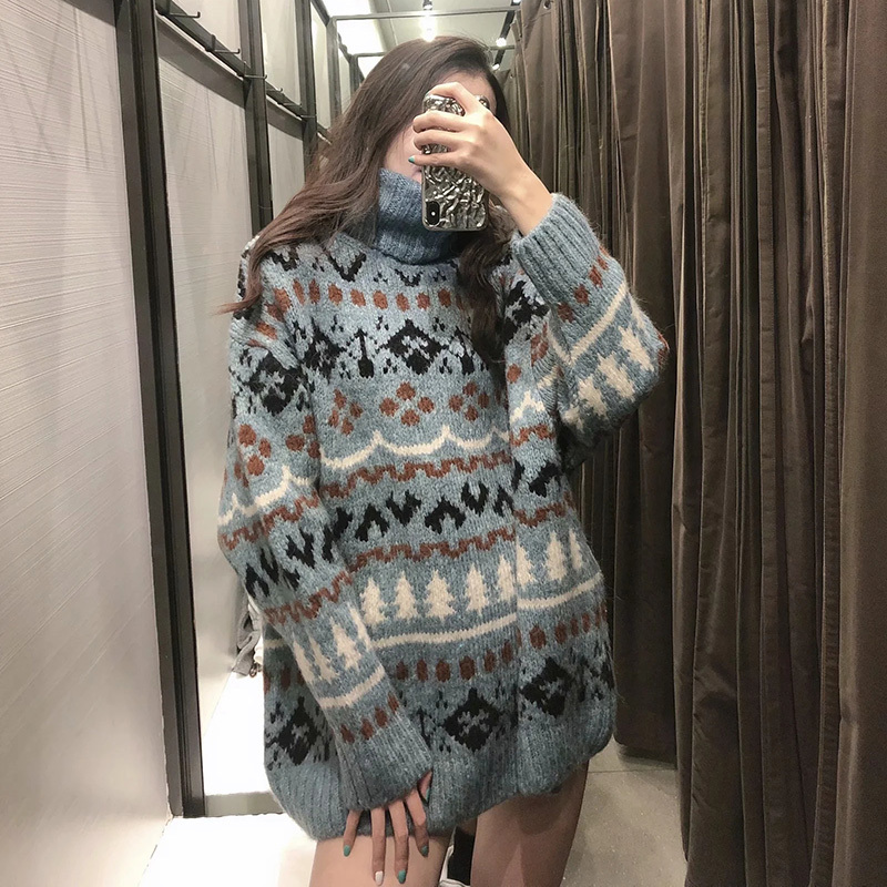 Women Vintage Turtleneck Color Matching Print Casual Loose Knitting Sweater Female Long Sleeve Chic Pullovers Tops 210520