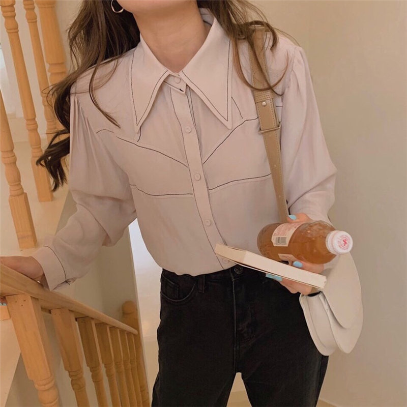 Color-Hit Girls Vintage High Street Elegance OL All-Match Casual Basic Full Sleeves Chic Loose Slim Women Shirts 210421