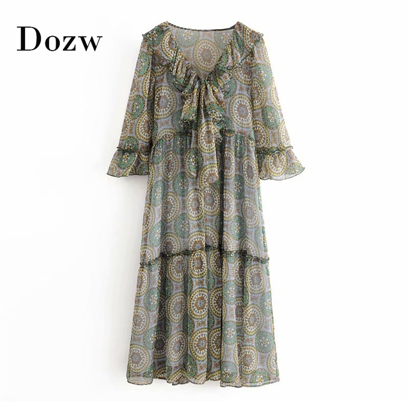 Vintage Floral Print Chiffon Long Dress Women V Neck Elegant Ruffle Party Three Quarter Sleeve Ladies Casual Midi es 210515