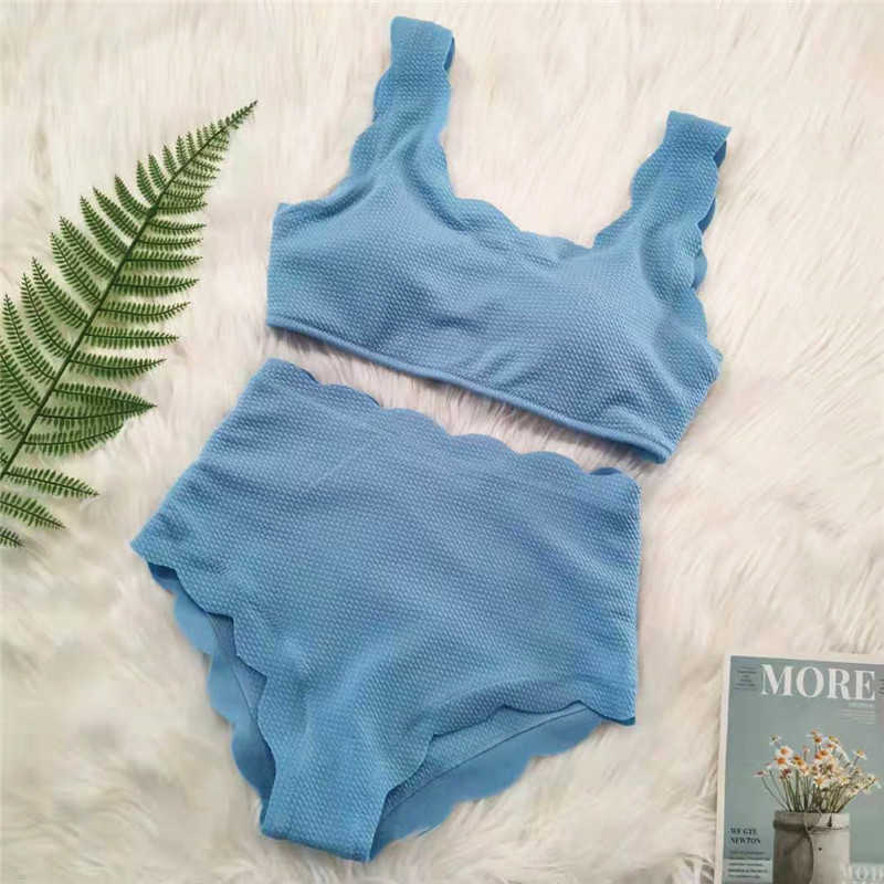 Women Swimsuit Scalloped High Waist Bikini Set Solid Two Pieces Plus Size Swimwear Biquini Tankini 210611