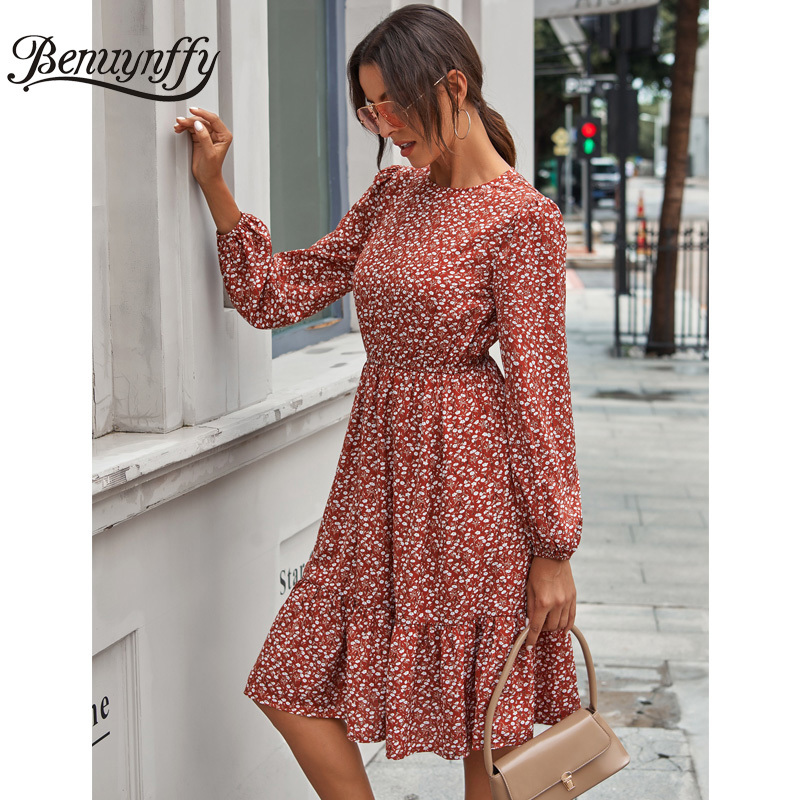 Round Neck Keyhole Back Ruffle Hem Dress Women Floral Print High Waist Long Sleeve Holiday Elegant Knee Length 210510
