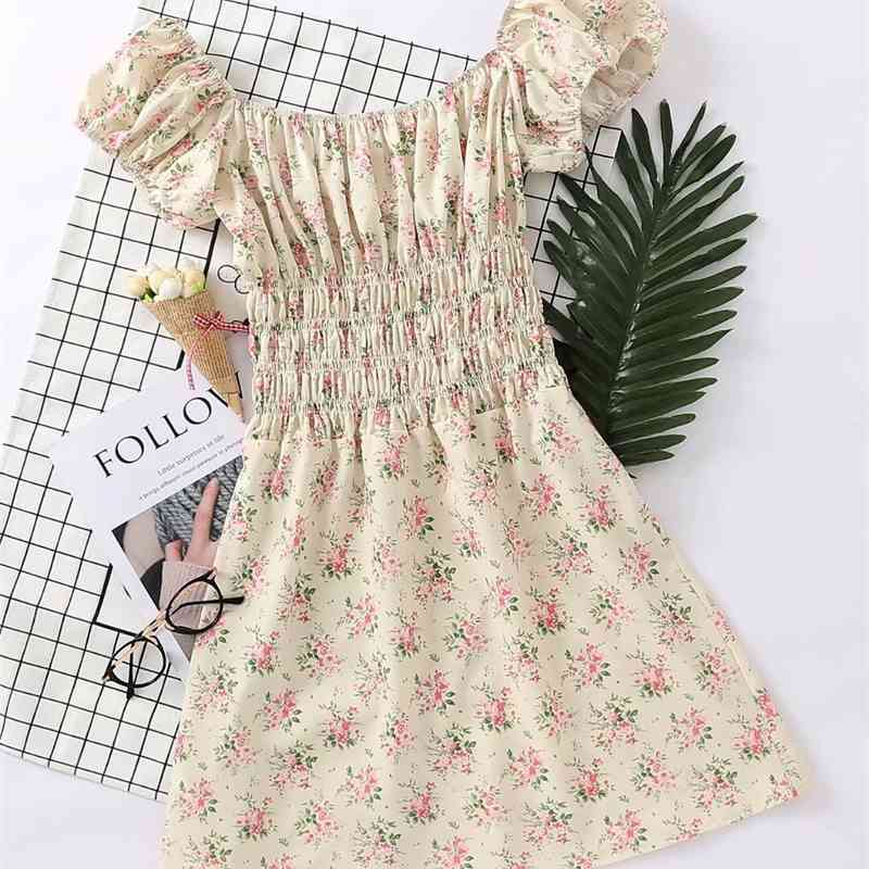 France Style Yellow Floral Print Elastic Waist Women Dresses Vintage Fashion Cap Sleeve Short 210429
