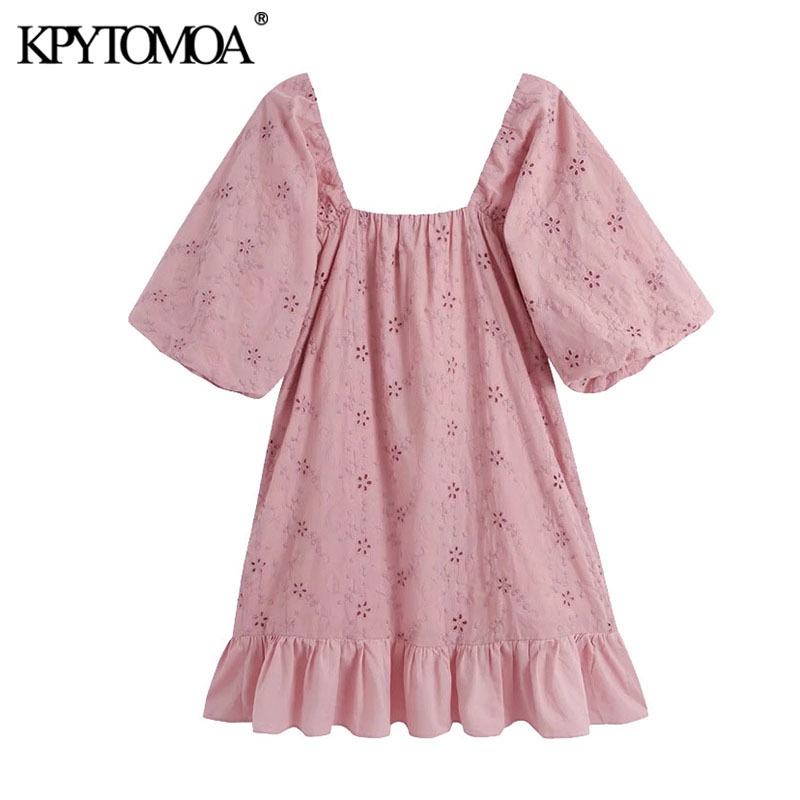 Women Chic Fashion Hollow Out Embroidery Ruffled Mini Dress Short Sleeve With Lining Female Dresses Mujer 210420