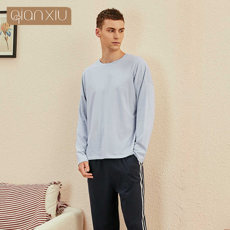 Lovers pajamas Spring Cotton Pajamas Lightly Hugh Men's Crewneck Long Sleeve Suit Home Suit Men's Pajamas 211019
