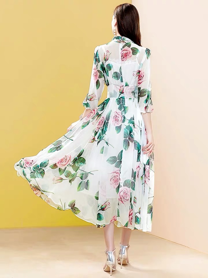 Spring Summer Runway Vintage Rose Flower Print Party White Dresses Women's Elegant Bow Collar DinnerBoho Beach Midi Dress 210421