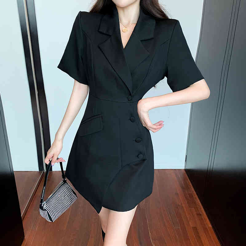 Women's Blazer Dress Korean Style Summer Fashion Elegant Office Lady Notched Short Sleeve High Waist Slim Dress 210518