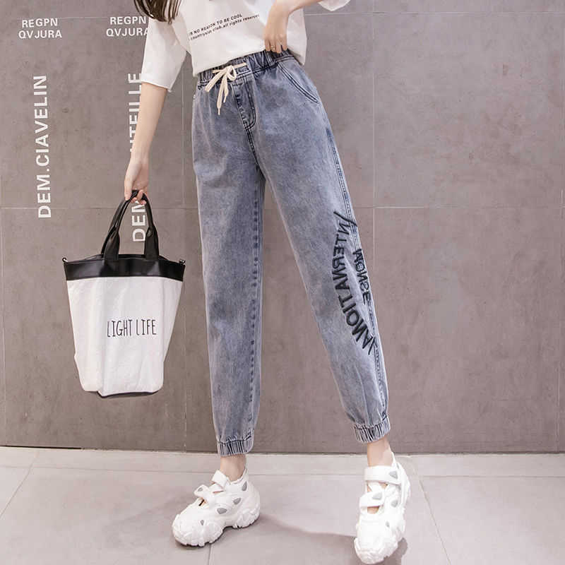 Letter Embroidery Elastic High Waist Denim Ankle Banded Pant Casual Harem Large Size Fashion Trousers 210809