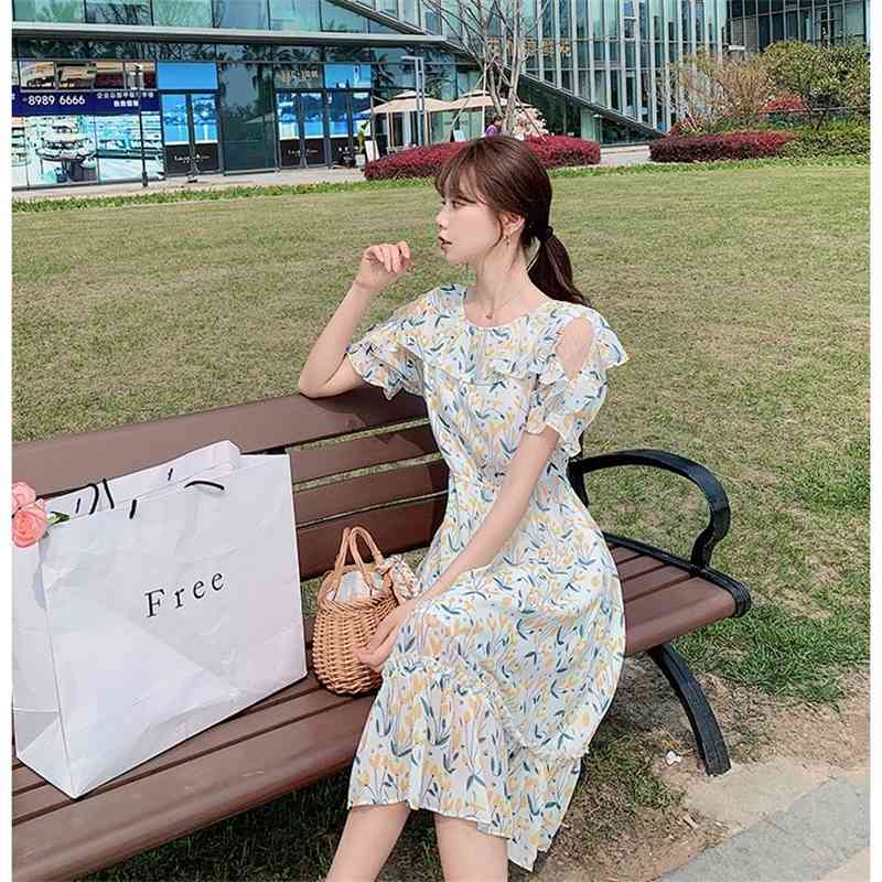 French Off Shoulder Dress Ladies Summer Korean Elegant Floral Print Chiffon Dresses For Temperament Women Skirt Vestidos 210515