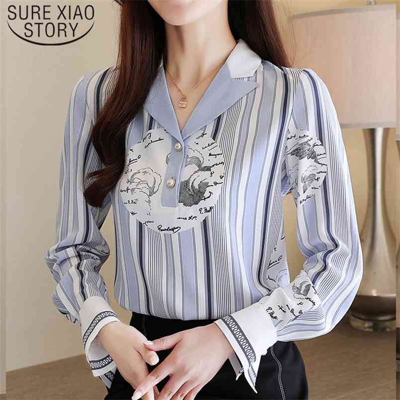 Style Clothing Long Sleeve Print Shirt Women Striped Office Lady Blouse Busas Elegantes Tops Clothes 8455 50 210506