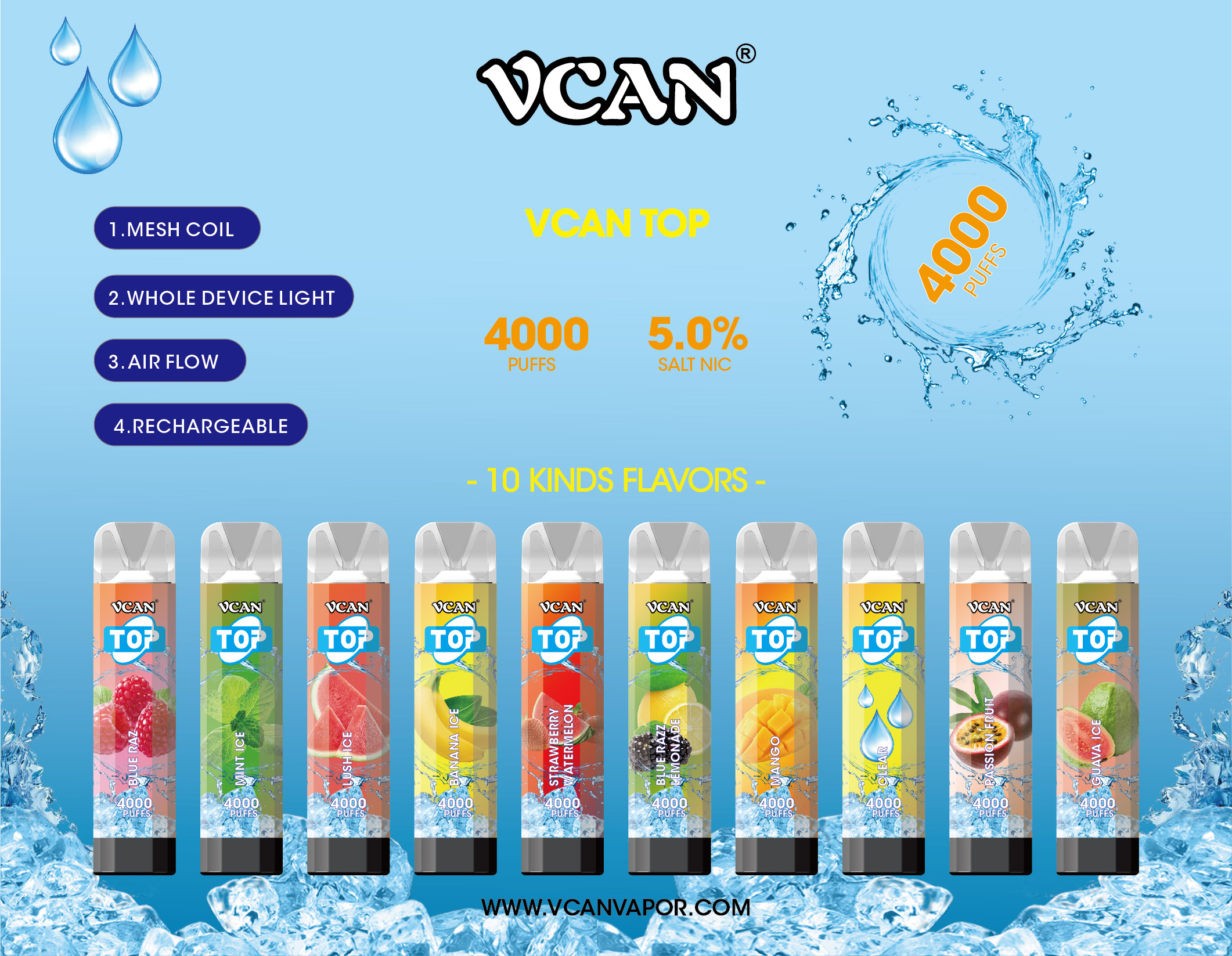 original 400puffs disposable vape Vcan top 5%NIC 12ml device whloe rgb light air flow rechargerble 16350 battery high quality fast ship by aircargo
original 400puffs disposable vape Vcan top 5%NIC 12ml device whloe rgb light air flow rechargerble 16350 battery high quality fast ship by aircargo