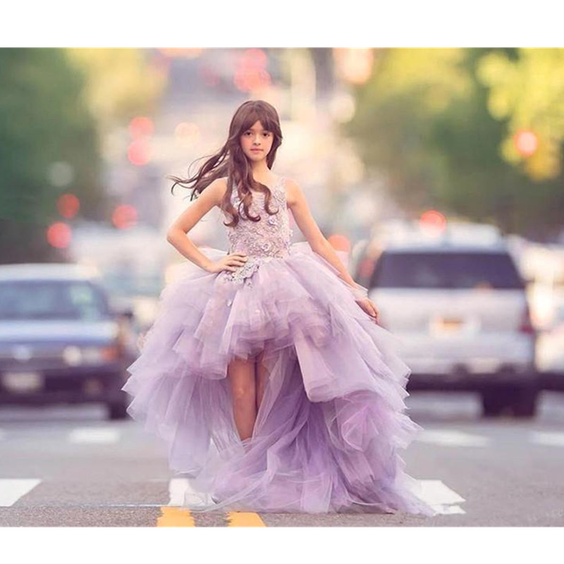 Lavender Purple Princess Flower Girl Dresses Ball Gown cape sleeves sweep Train Girls Pageant Dress With handmade flowers For Wedding Party