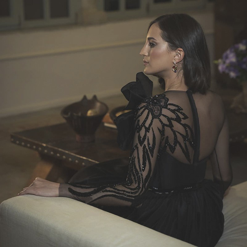 Saudi Arabia Black Evening Dress Long Sleeve Luxury Dubai Party Gowns Elegant Women Formal Prom Dresses 2021