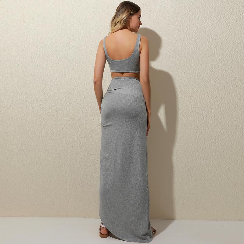 Summer 2 Piece Set Women Suspenders Tube Top Mid-length Solid Color High Split Two-piece Female Suit Women's Tracksuits