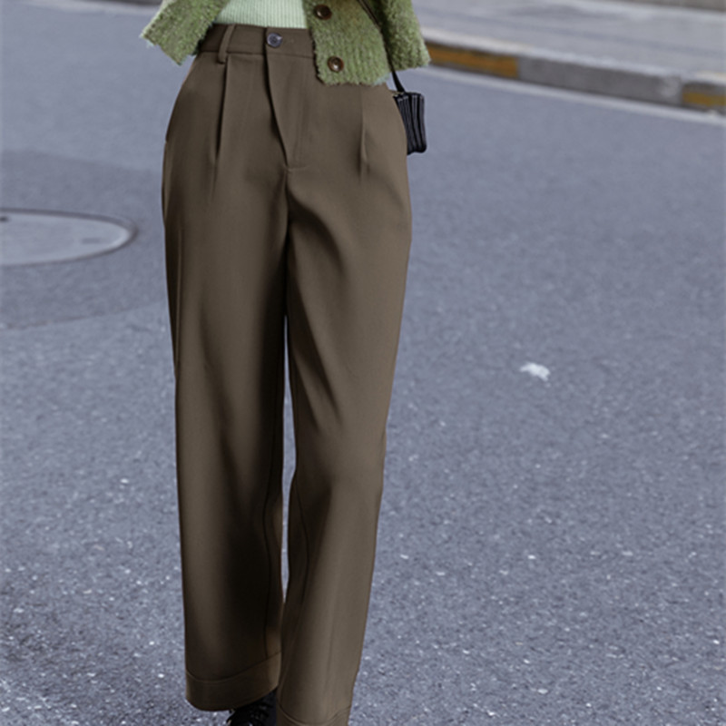 Plus Size OL Minimalist Thick High Waist Pants Women Autumn Winter Work Wear Casual Straight Suit Trousers 210421