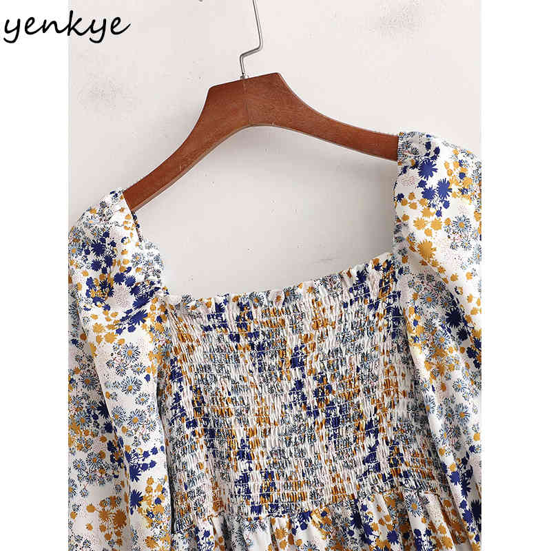 YENKYE Spring Women Vintage Prairie Chic Floral Print Dress Female Square Neck Long Sleeve Robe Femme A-line Midi Casual Dresses 210515