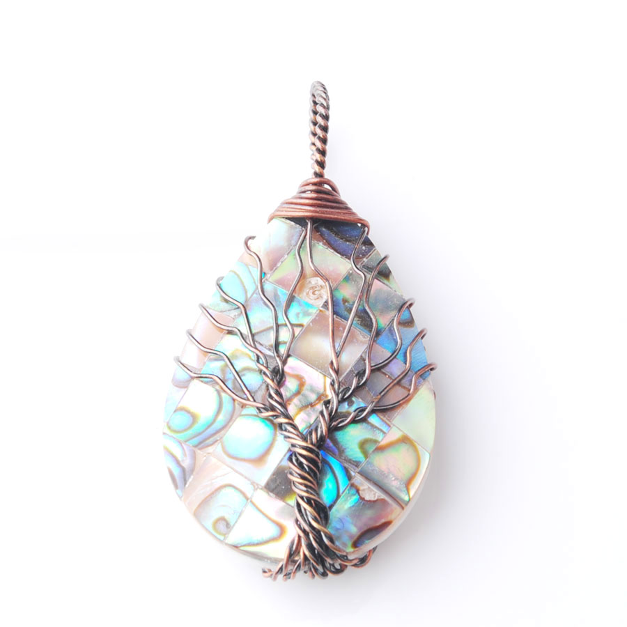 WOJIAER Tree of Life Metal Wire Wrap Water Drop Bead Necklace & Pendant Natural Abalone Shell Jewelry Chain 18 Inches BW920