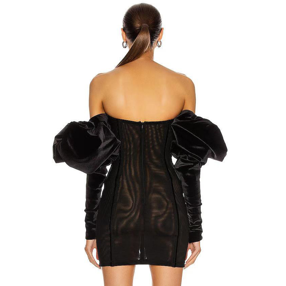 Summer Women Black Long Puff Sleeve Mini Bodycon Velvet Dress Sexy Off Shouler Club Celebrity Runway Party 210423