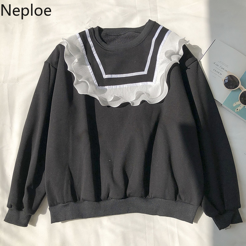 Neploe Sweet Ruffles Hoodies Women O-neck Long Sleeve Outwear Korean Fashion Loose Thicked Sweatshirt Coat Female 4G585 210422