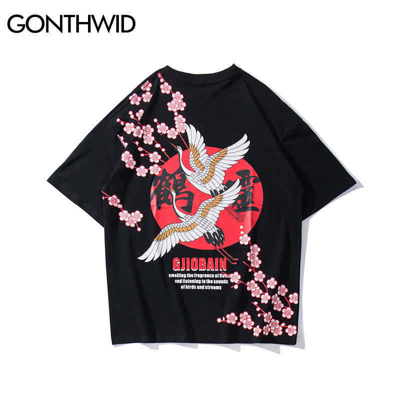 GONTHWID Chinese Crane Flowers Print Tshirts Harajuku Hip Hop Casual Streetwear T Shirts Tops Hipster Short Sleeve Tees Male 210629