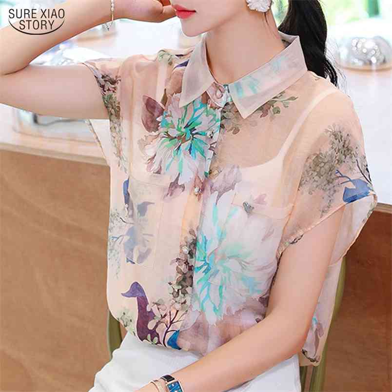 Korean Print Office Lady Tops Casual Short Sleeve Chiffon Shirt Women Blusas Mujer De Moda Summer Thin Blouse 9808 210506