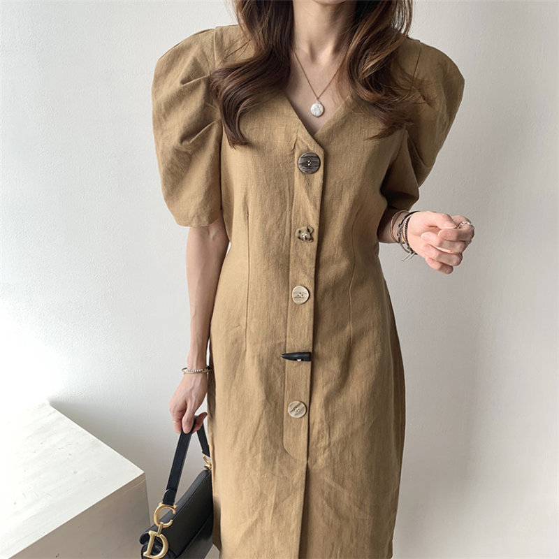 Korean Chic Retro Slim Fashion OL Women Brief High Waist V-neck Office Lady Cotton Linen Long Dresses 210421