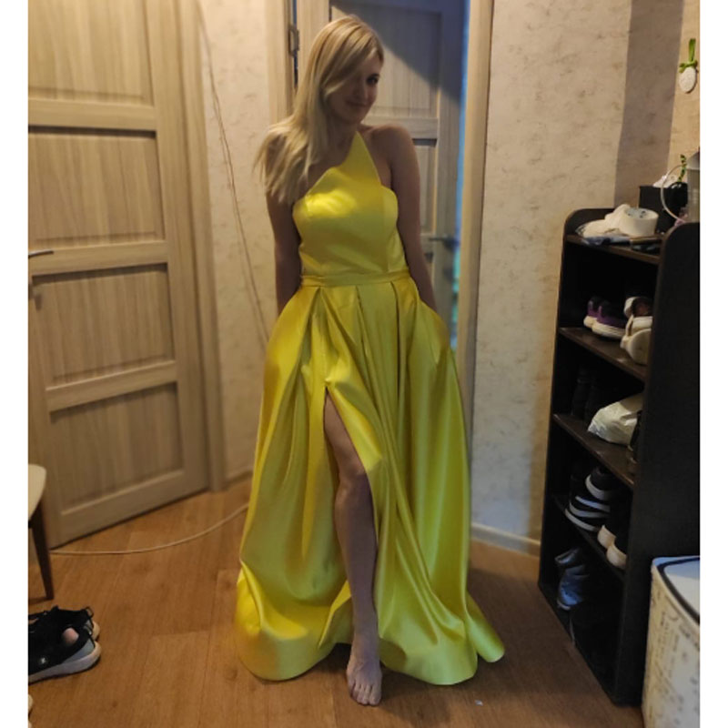 New Arrival Evening Dress Formal Vestido Noiva Sereia Prom Party Robe de Soiree Gown Luxury Frock Pink Side Slit Satin Lace-up Gowns