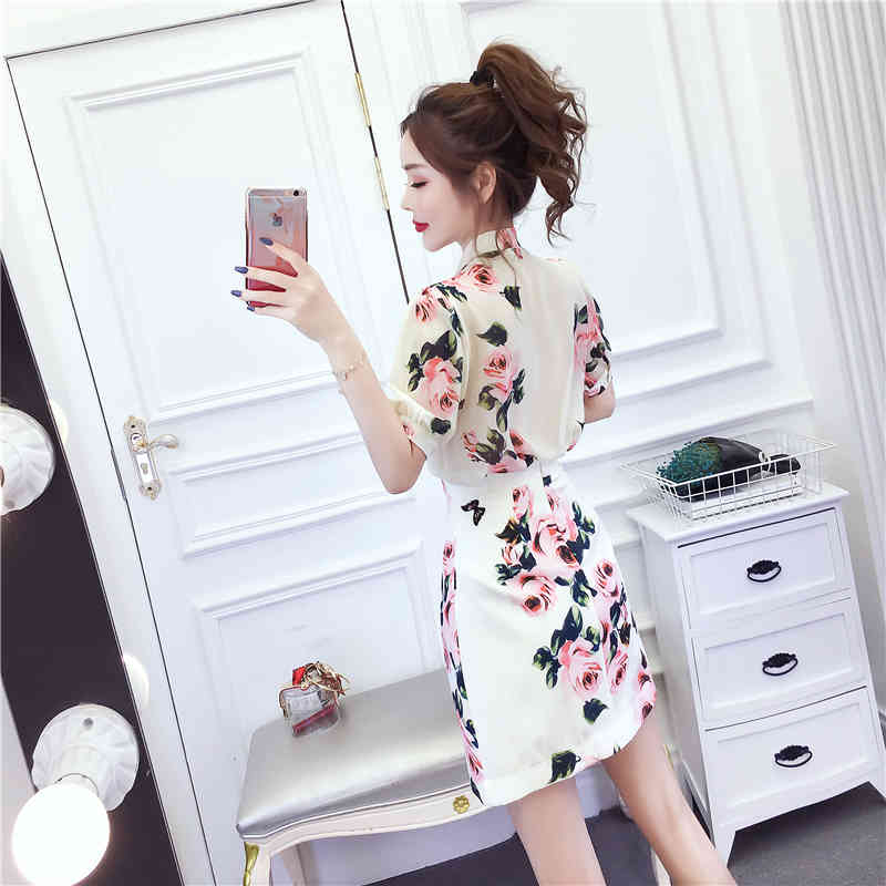 Fashion Women's Summer Two Piece Set Sweet Bowtie Flower Print Chiffon Blouse + High Waist A-Line Skirt Suit 210519