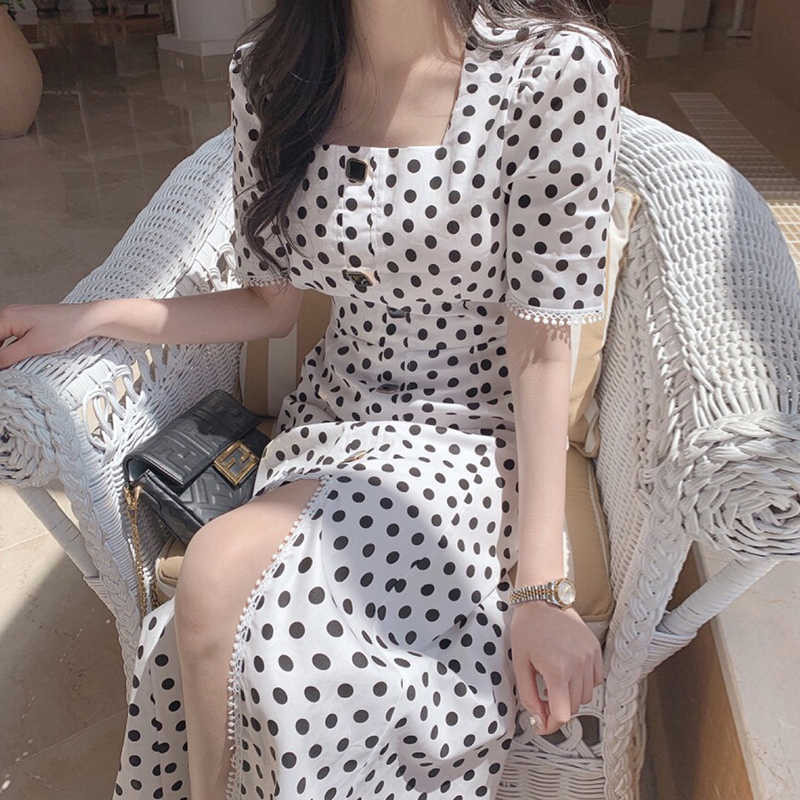 Korejpaa Women Dress Summer Korean Chic Ladies Elegant Temperament Square Collar Fringed Polka Dot Split Fishtail Vestidos 210526