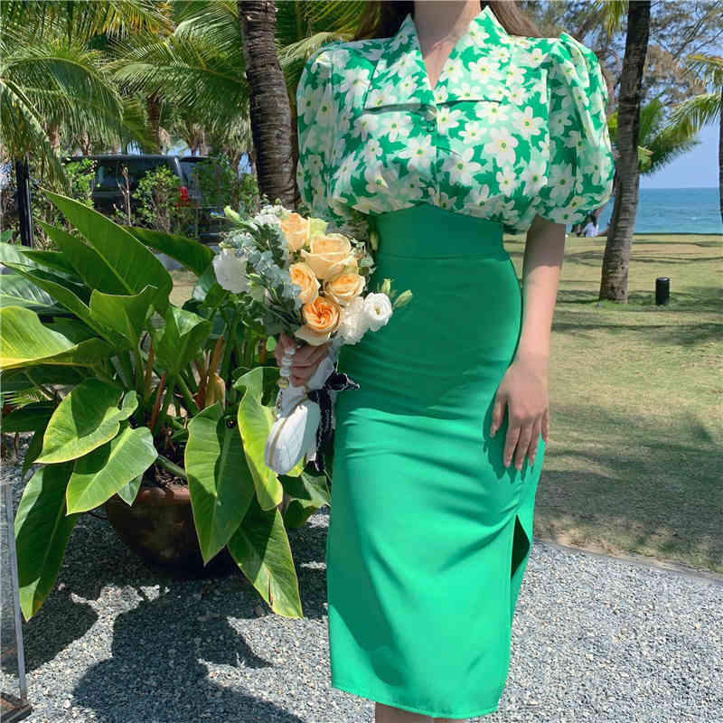 Summer Women Casual Two Piece Set Sweet Flowers Puff Sleeve Chiffon Shirt Top + High Wiast Bodycon Pencil Skirt Ladies 210518