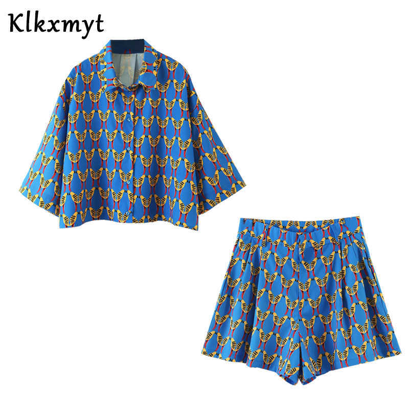 Klkxmyt Two Piece Set Women Summer Loose Fashion Print Batwing Short Sleeve Beach Cropped Blouse+Elastic Waist Casual Shorts 210527