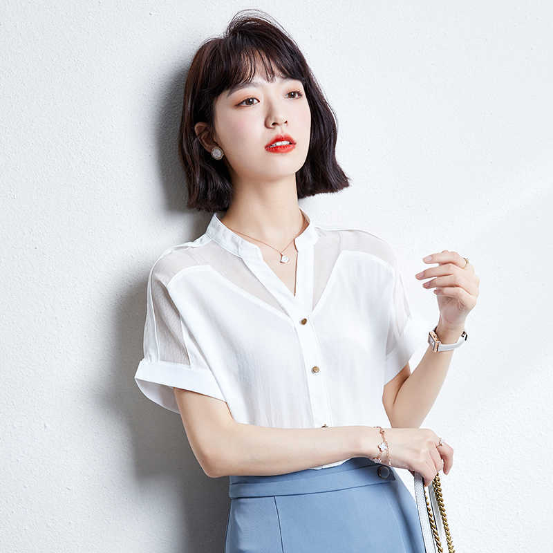 Korean Fashion Womens Tops and Blouses Chiffon Women Short Sleeve Office Lady White Shirts Plus Size XXL Ladies 210531