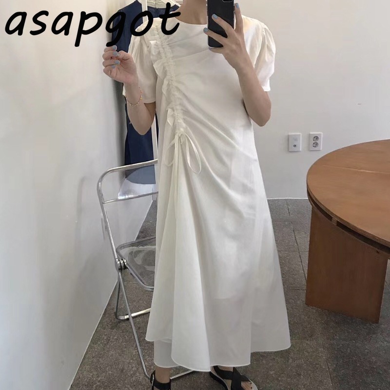 Chic Korean Gentle Loose O Neck Blue Fungus Drawstring Irregular Shirt Dress Women Short Sleeve Casual Summer White Vestido 210429