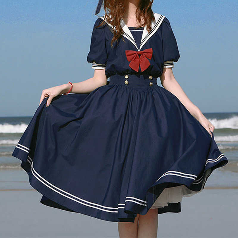 Harajuku Sailor Collar Navy Dress Japanese Lolita Sweet Bow-knot Girl Retro Cotton Kawaii Preppy Style Short Sleeve Women 210623