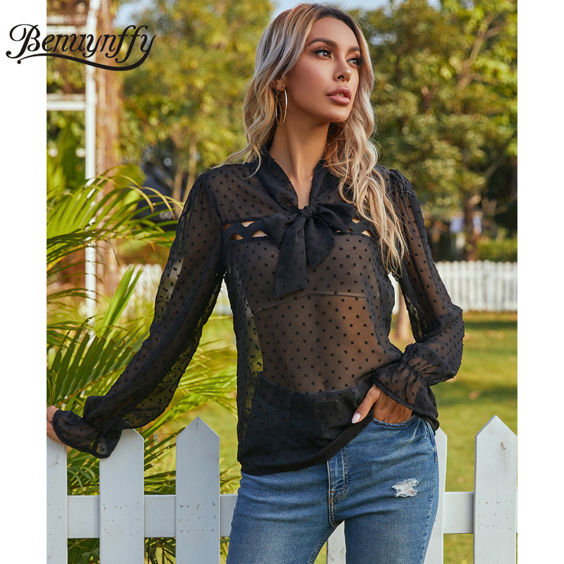 Bow Tie Neck Swiss Dot See Through Tops Blouses Women Spring Summer Black Long Sleeve Ladies Elegant Blouse 210510