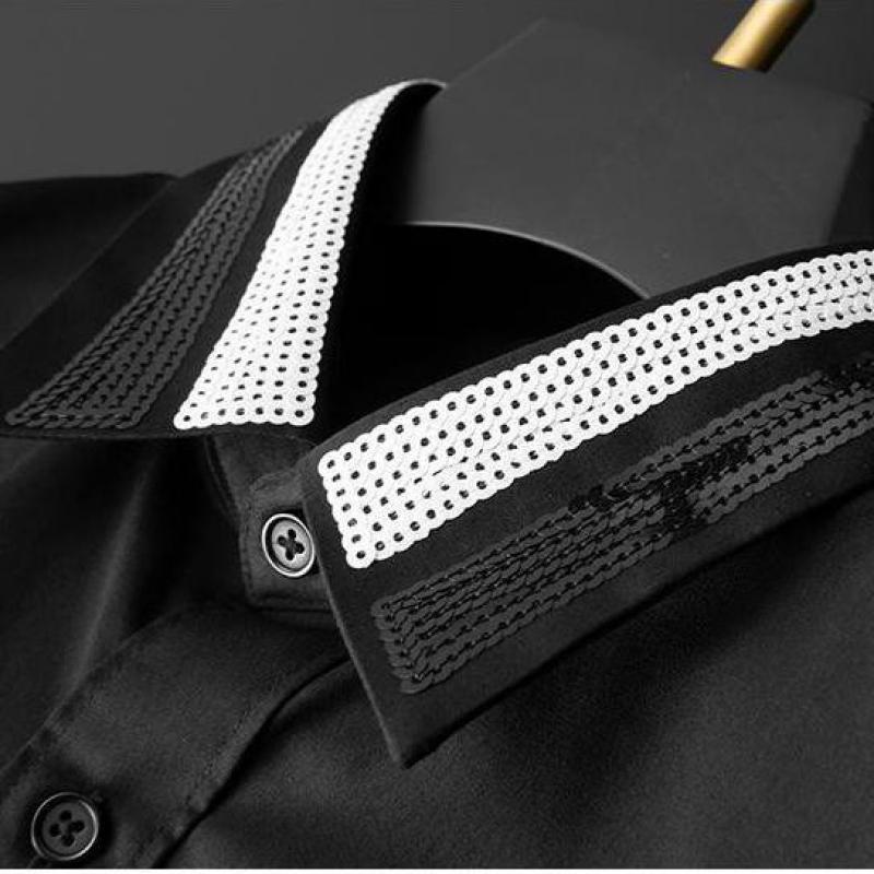 Minglu Long Sleeve Male Shirts Luxury Black And White Sequin Collar Casual Mens Dress Fashion Slim Fit Party Man Men's