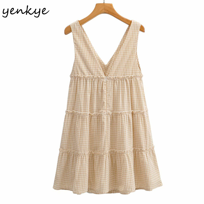 YENKYE Vintage Plaid Dress Women V Neck Sleeveless Tank Summer Casual Dress Female Short Vestido 210515