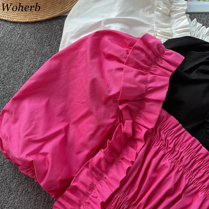 Sweet Blouses Women Square Collar Puff Sleeve Pleated Shirt Sexy Lady Elegant Fashion Crop Tops Korean Ruffles Blusas 210519