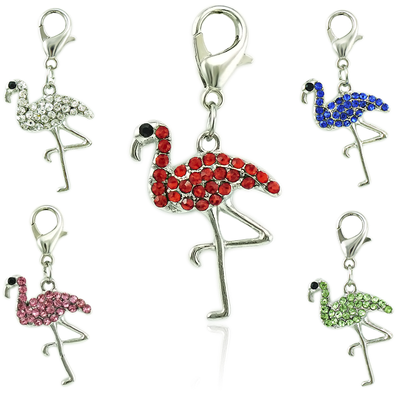 Hot Sell Fashion Floating Charm Alloy Lobster Clasp Rhinestone Mix Flamingo Charms Pendants Jewelry Accessories