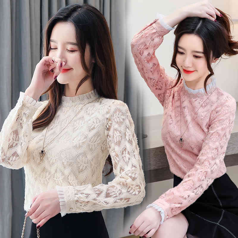 Korean Style Women Tops Spring Arrival Lace Blouse Elegant Long Sleeve Shirt Pink Loose Blusas 8022 50 210506