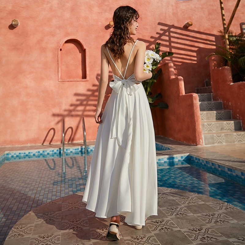 beach dress for summer white satin women lady sexy backless bow tie lace up spaghetti strap midi dresses vestidos party 210421