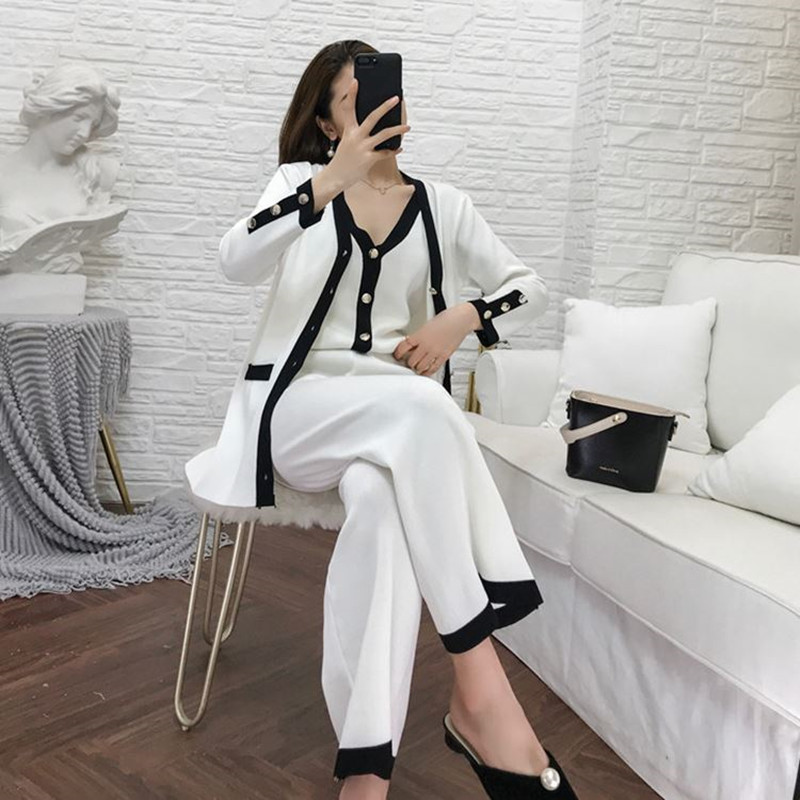 Women Casual Ol Pant Set Spring Ladies Small Fragrant V Neck Vest Top+cardigan+wide-leg Pants Suit Knitted Three-piece Suit 210515