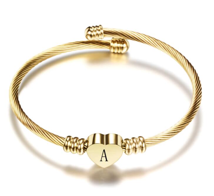 Fashion Heart Charm Bangle With Initial Alphabet Letter Engrave High Quality Women Jewelry Cuff Bangles Wholesale For Party Gift GC473