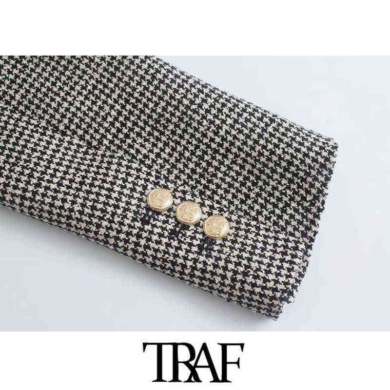 TRAF Women Fashion Houndstooth Fitted Blazer Coat Vintage Long Sleeve Flap Pockets Female Outerwear Chic Veste Femme 211122