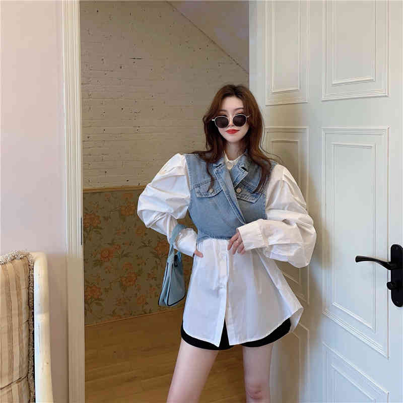 VGH White Minimalist Shirt For Women Lapel Puff Long Sleeve Casual Basic Spring Blouse Female Fashion New Clothing Tide 210421