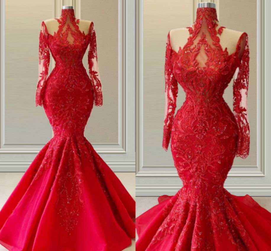 Plus Size Red Mermaid Wedding Dresses 2022 Illusion Long Sleeves Lace Vestido De Noiva High Neck Formal Bridal Gowns